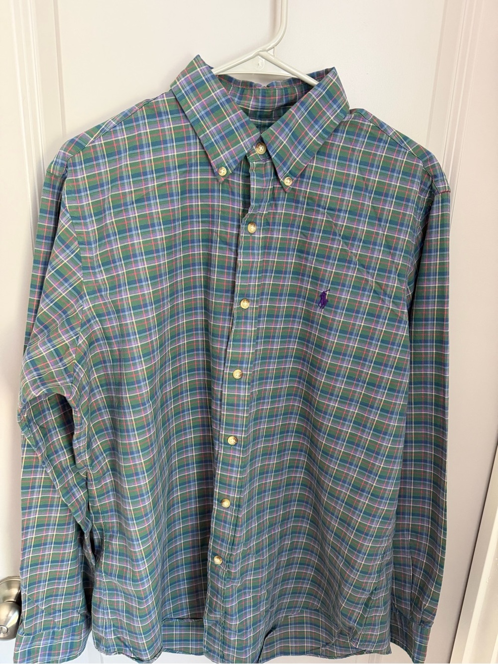 Polo Ralph Lauren Classic Fit Plaid Button-Down Shirt L Green Blue RN41381